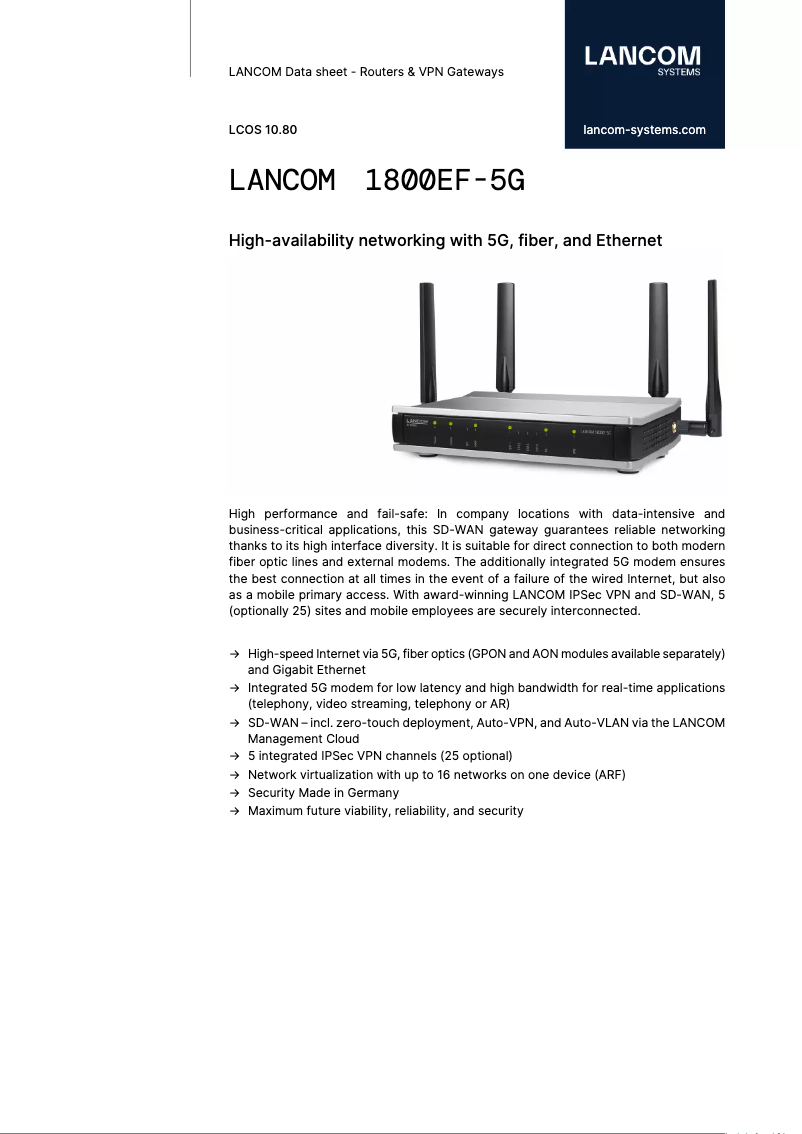 Page 1 of the manual Technical Sheet Lancom 1800EF-5G