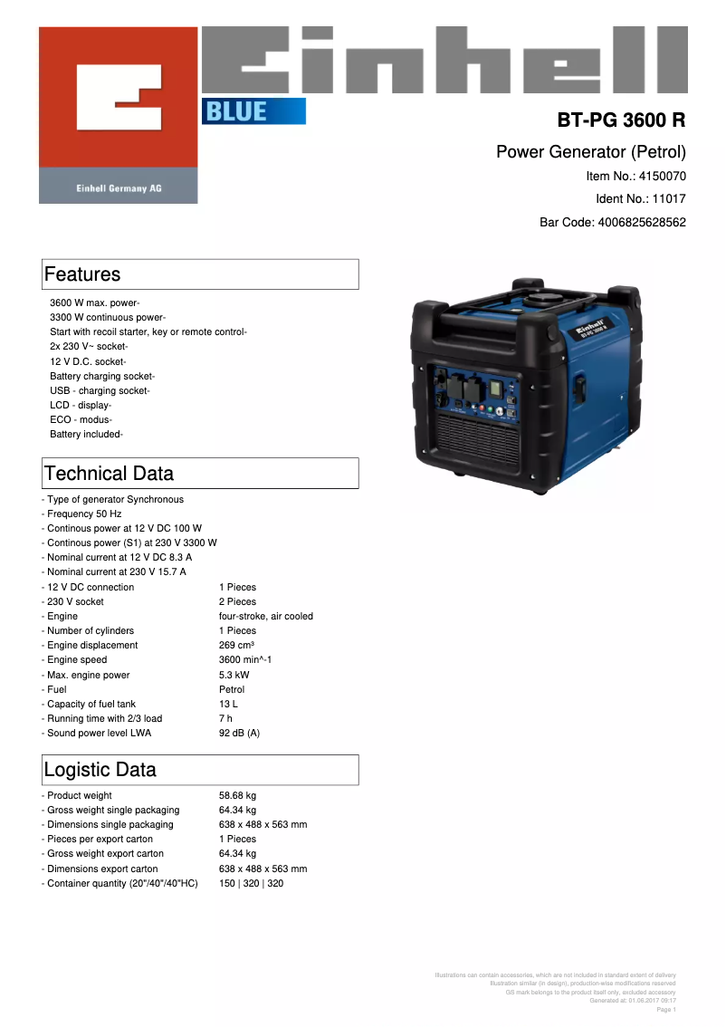 Page 1 of the manual User Manual Einhell BT-PG 3600 R