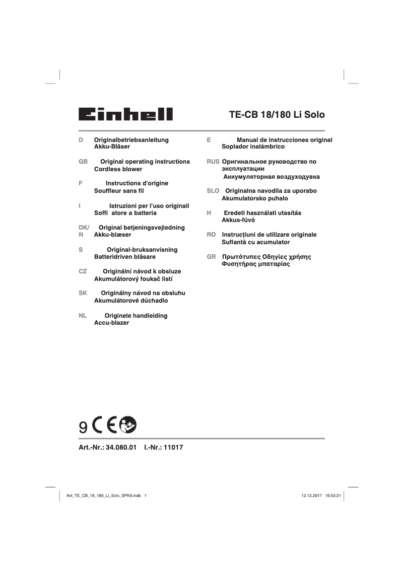First page image of the manual for TE-CB 18/180 Li