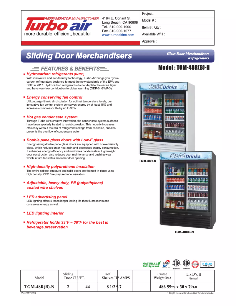 Page 1 of the manual Technical Sheet Turbo air TGM-48R