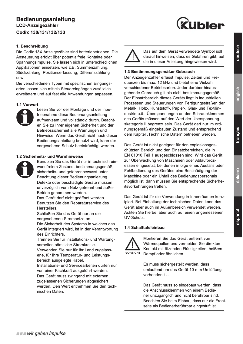 Page 1 of the manual User Manual Kübler Codix 130