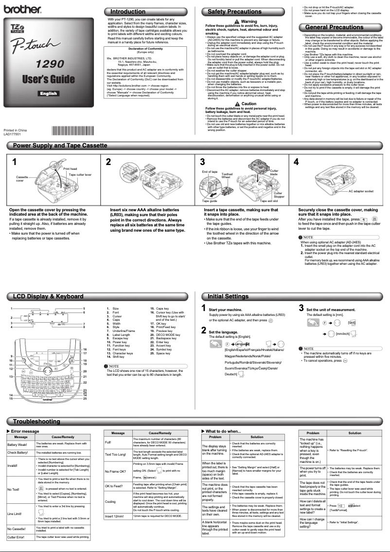 First page image of the manual for P-Touch 1290