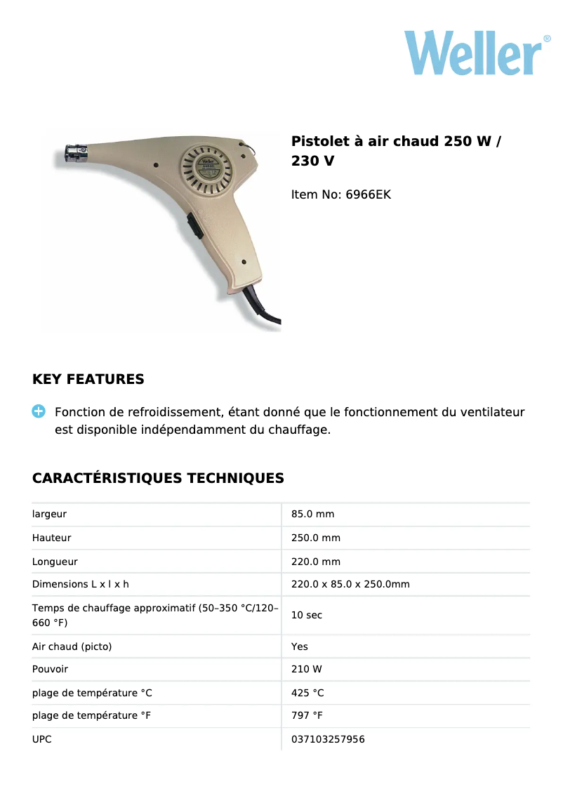 Page 1 of the manual Technical Sheet Weller 6966EK
