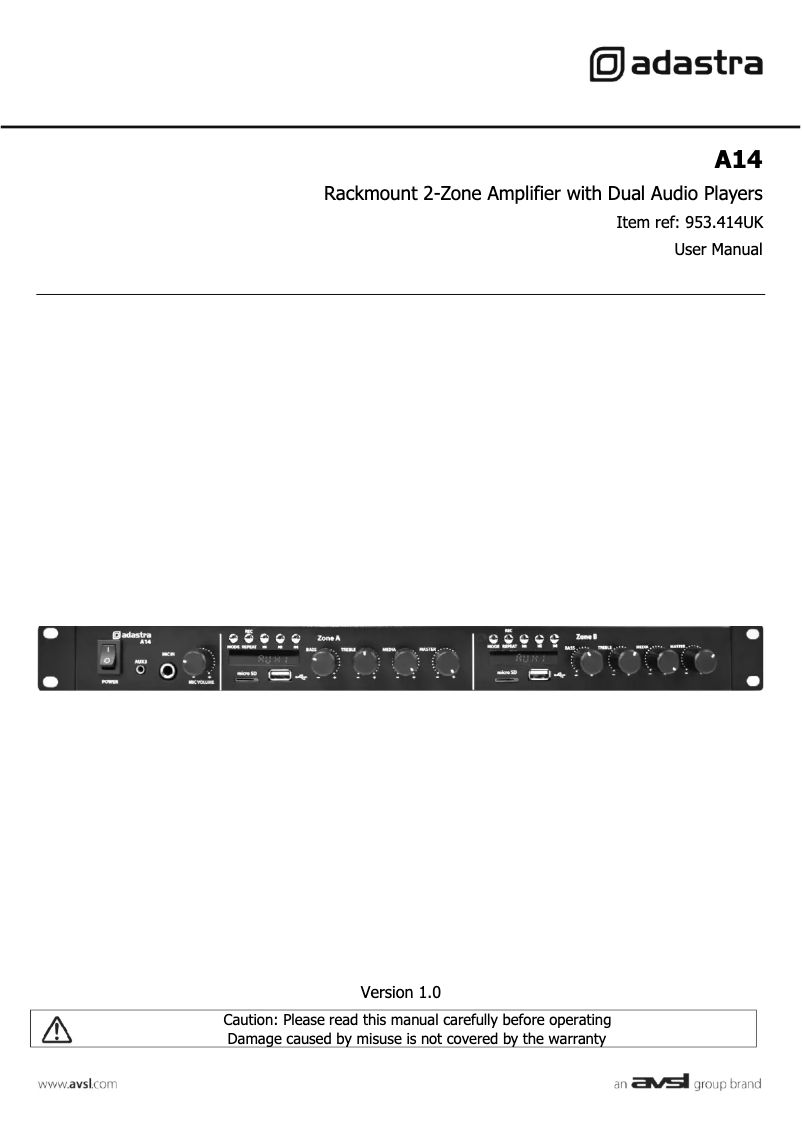 Page 1 of the manual User Manual Adastra A14