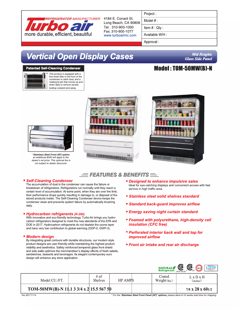 Page 1 of the manual Technical Sheet Turbo air TOM-50M