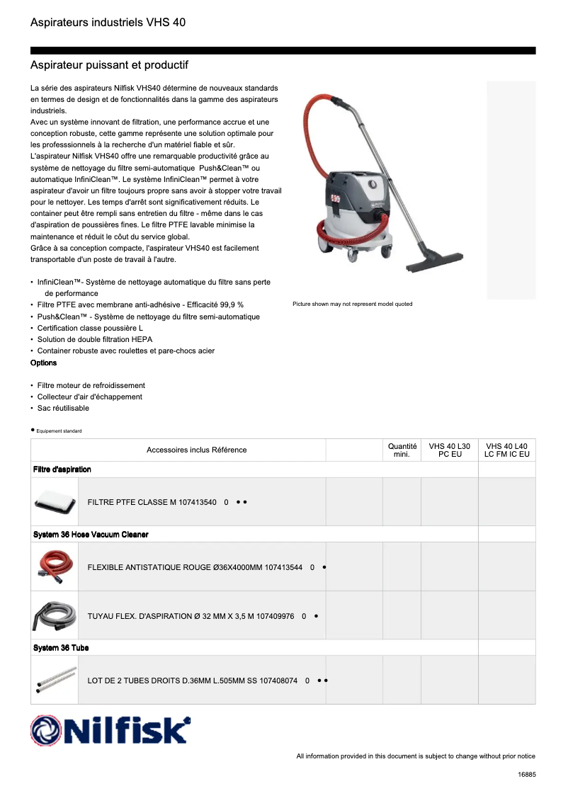 Page 1 of the manual Technical Sheet Nilfisk VHS 40