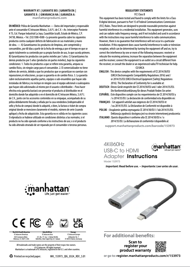 Page 1 de la notice Manuel utilisateur Manhattan 153973