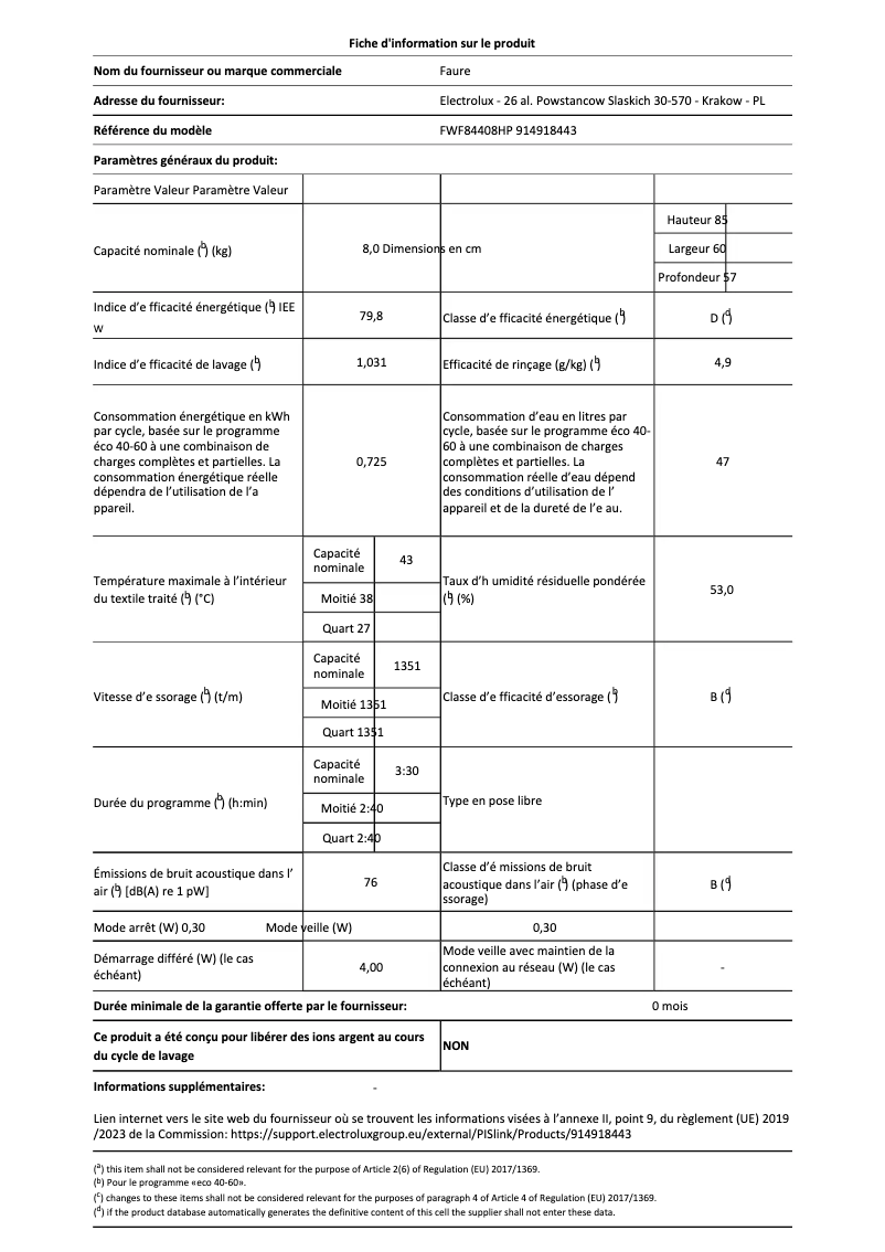 Page 1 of the manual Technical Sheet Electrolux FWF84408HP