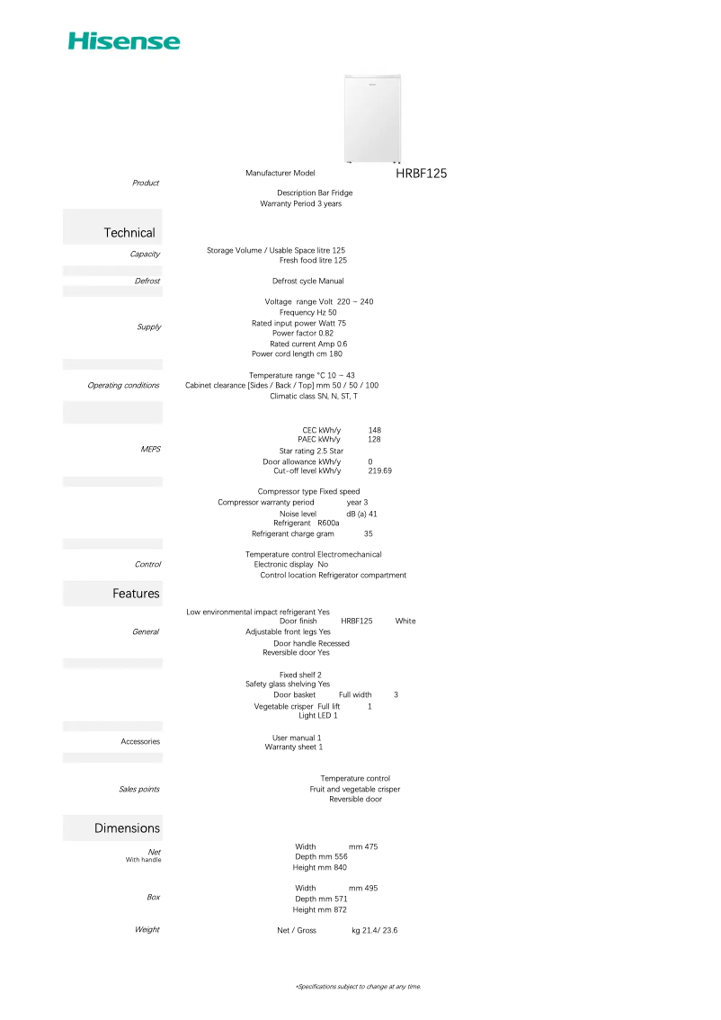 Page 1 of the manual Technical Sheet Hisense HRBF125