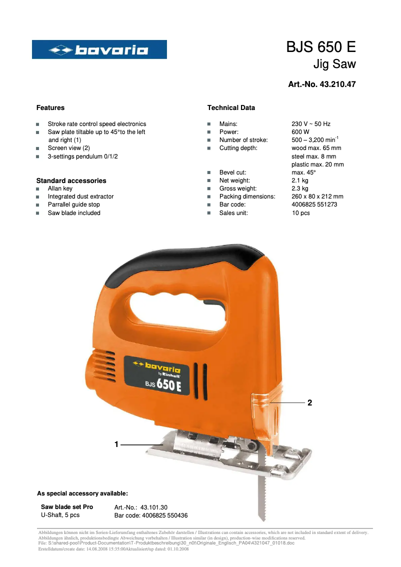 Page 1 of the manual User Manual Bavaria by Einhell BJS 650 E