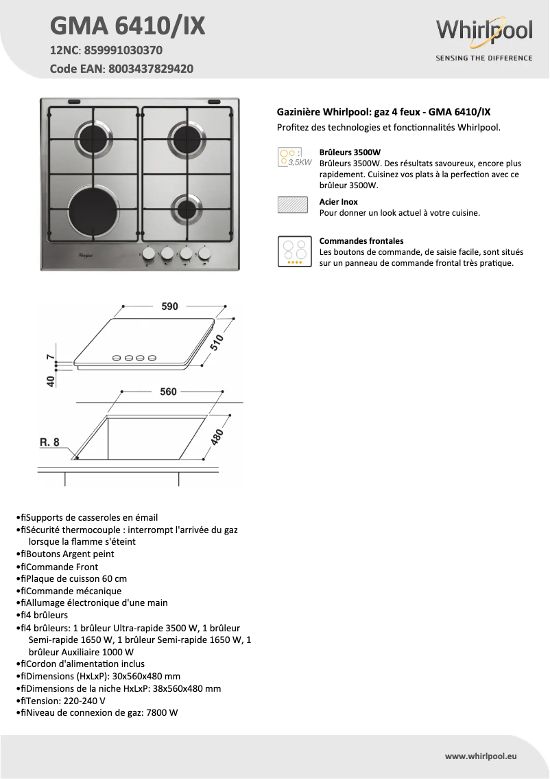 Page 1 of the manual Technical Sheet Whirlpool GMA 6410/IX