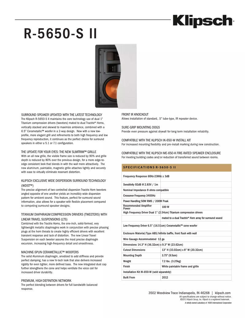 Page 1 of the manual Technical Sheet Klipsch R-5650-S