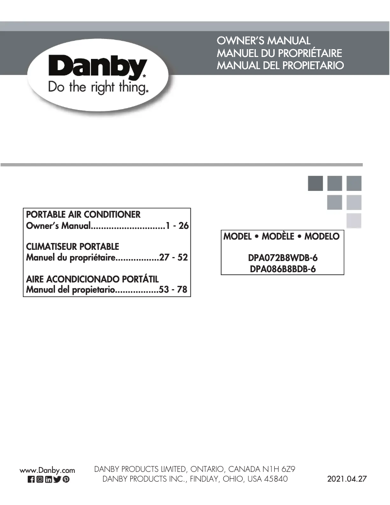 Page 1 of the manual User Manual Danby DPA086B8BDB-6