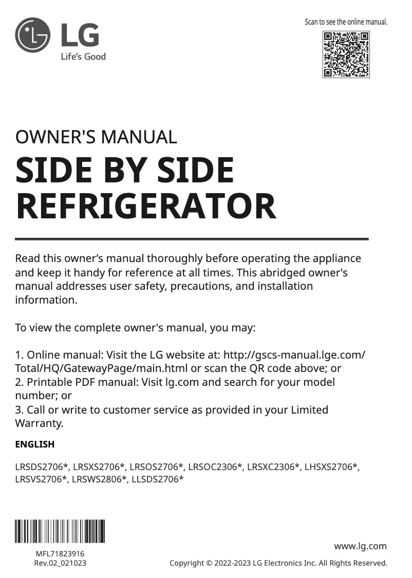 Page 1 of the manual User Manual LG LRSXC2306V