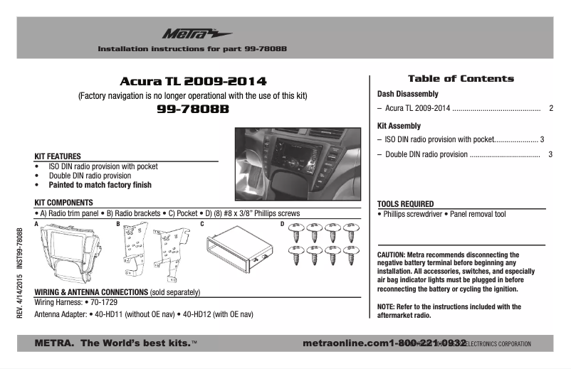 Page 1 de la notice Guide d'installation Metra 99-7808B