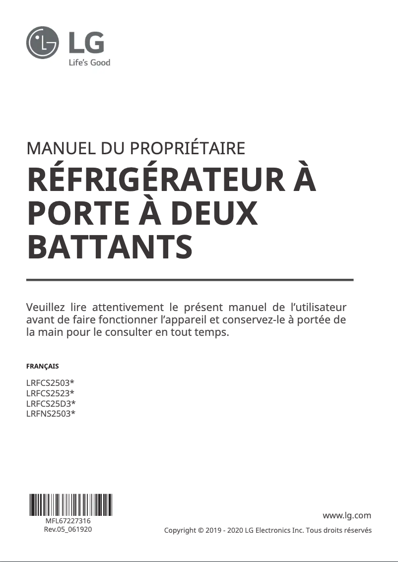 First page image of the manual for LRFCS25D3S