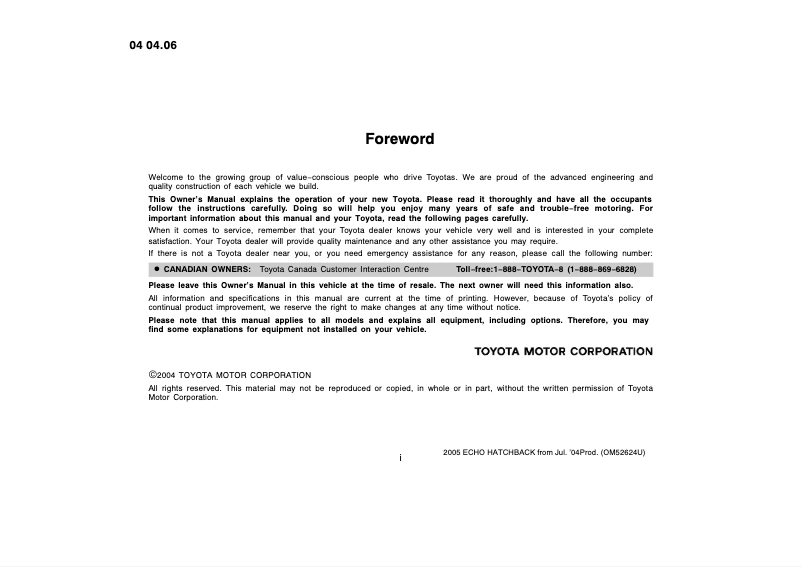 Page 1 of the manual User Manual Toyota Yaris (2004)