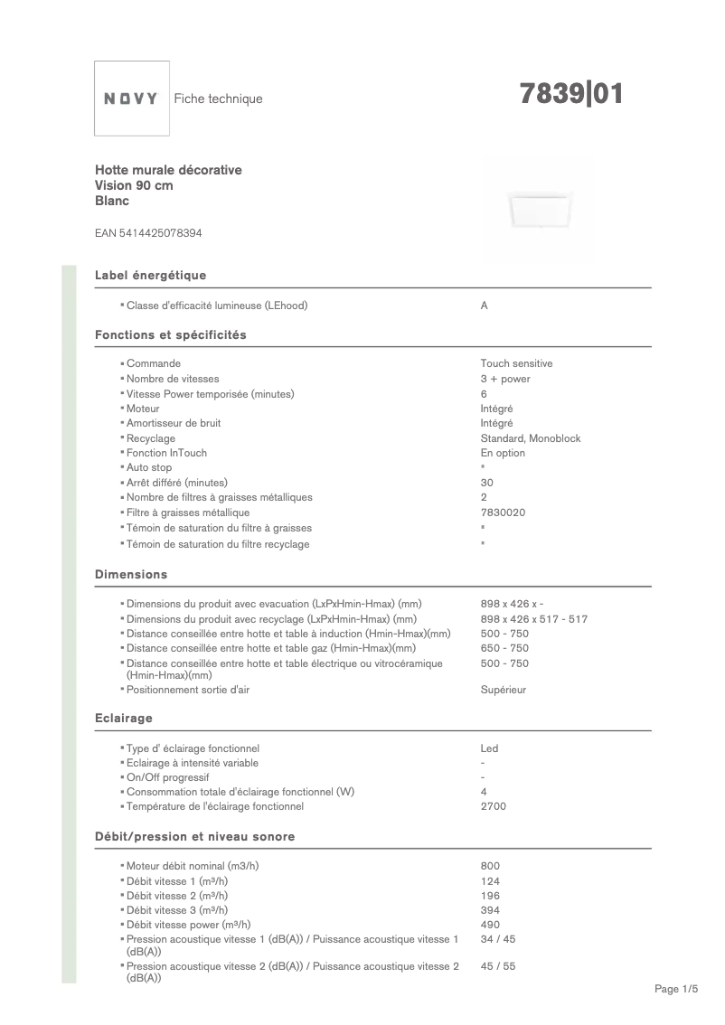 Page 1 of the manual Technical Sheet Novy Vision 7839
