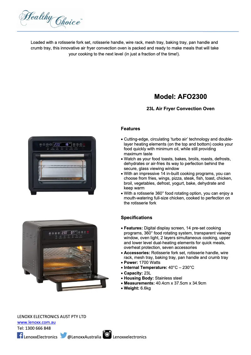 Page 1 of the manual Technical Sheet Healthy Choice AFO2300