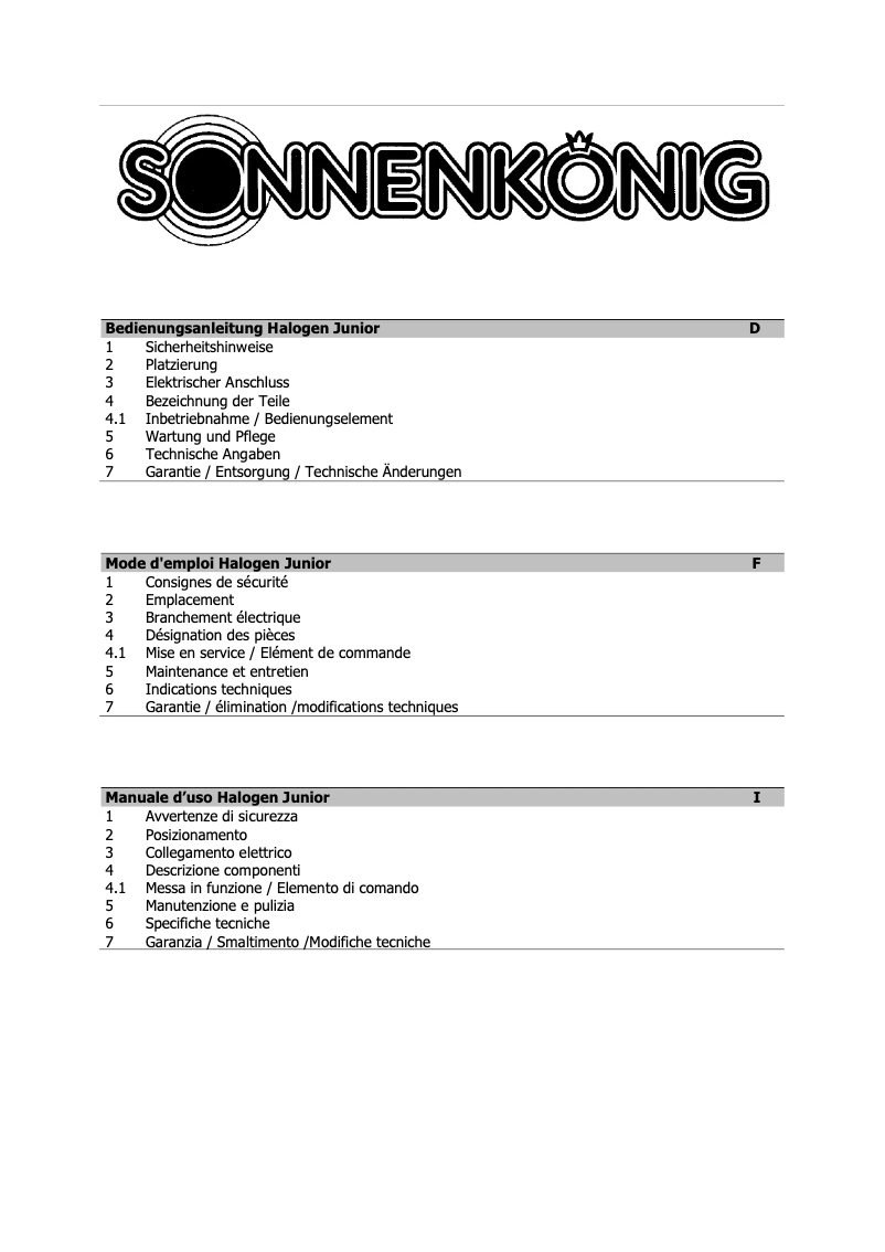 Page 1 of the manual User Manual Sonnenkönig Halogen