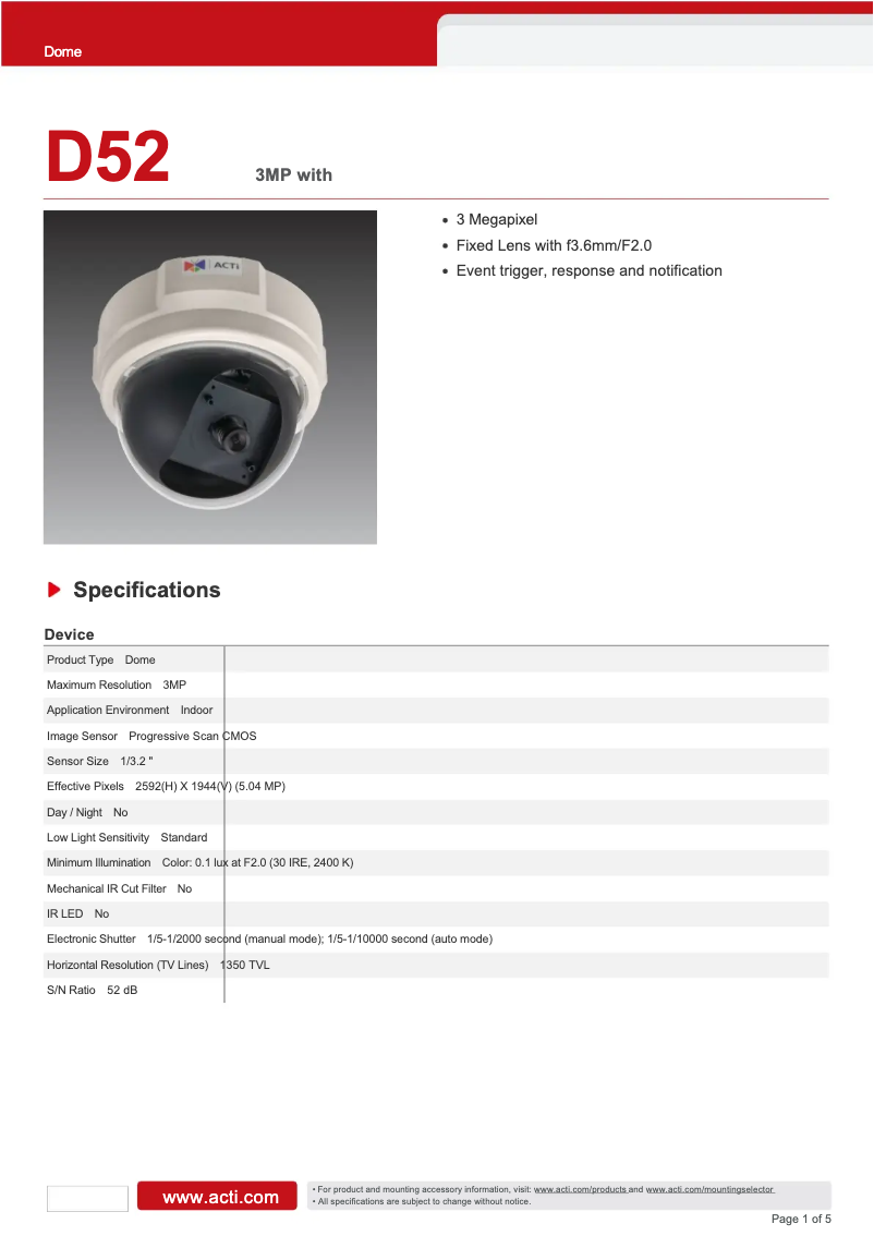Page 1 of the manual Technical Sheet ACTi D52