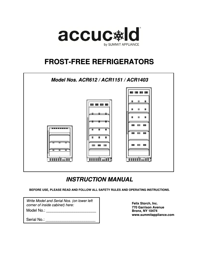 Page 1 of the manual User Manual Accucold ACR1151
