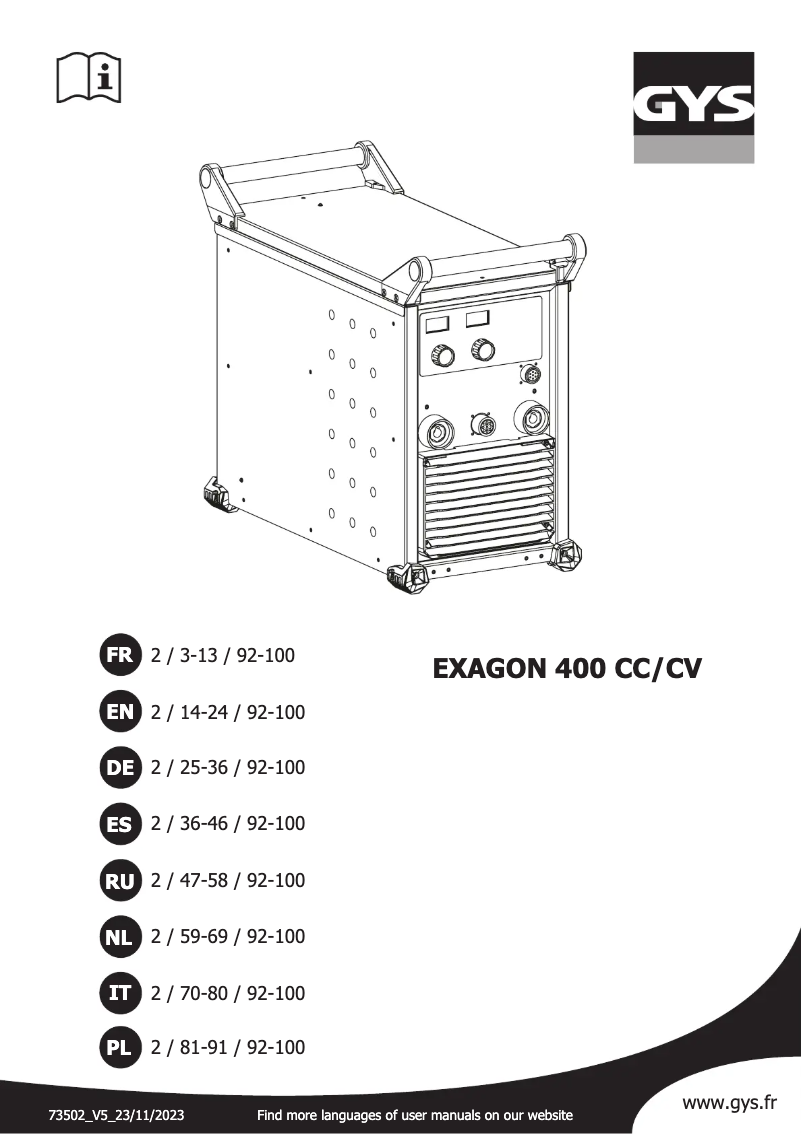 Page 1 of the manual User Manual GYS Exagon 400 CC/CV