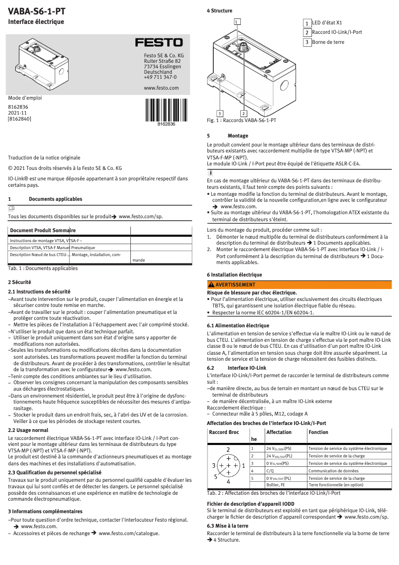 First page image of the manual for VABA-S6-1-PT
