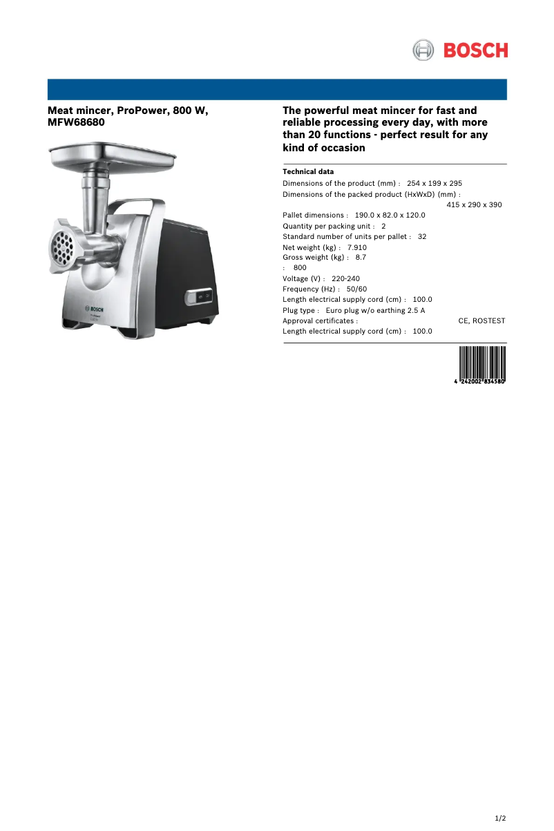 Page 1 of the manual Technical Sheet Bosch MFW68680