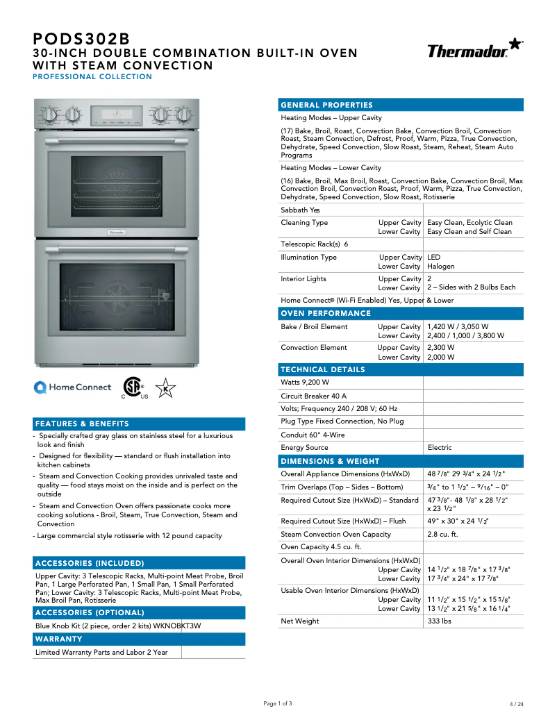 Page 1 of the manual Technical Sheet Thermador PODS302B