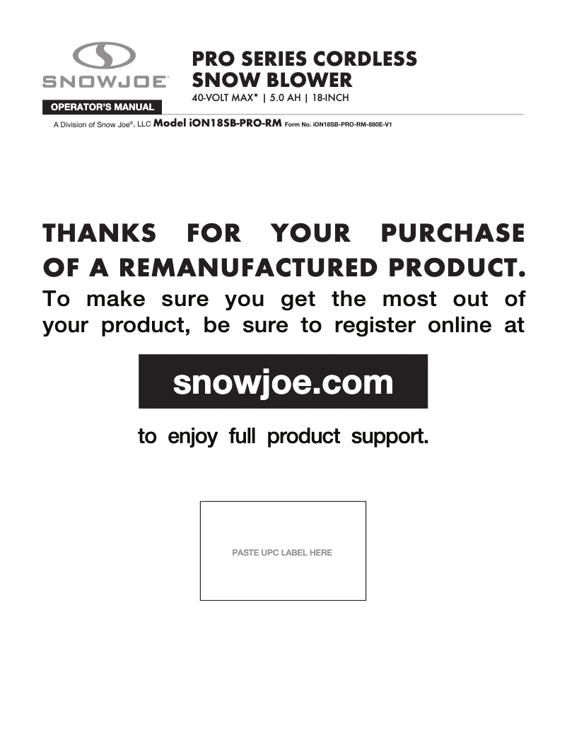 Page 1 of the manual User Manual Snow Joe ION18SB-PRO-RM