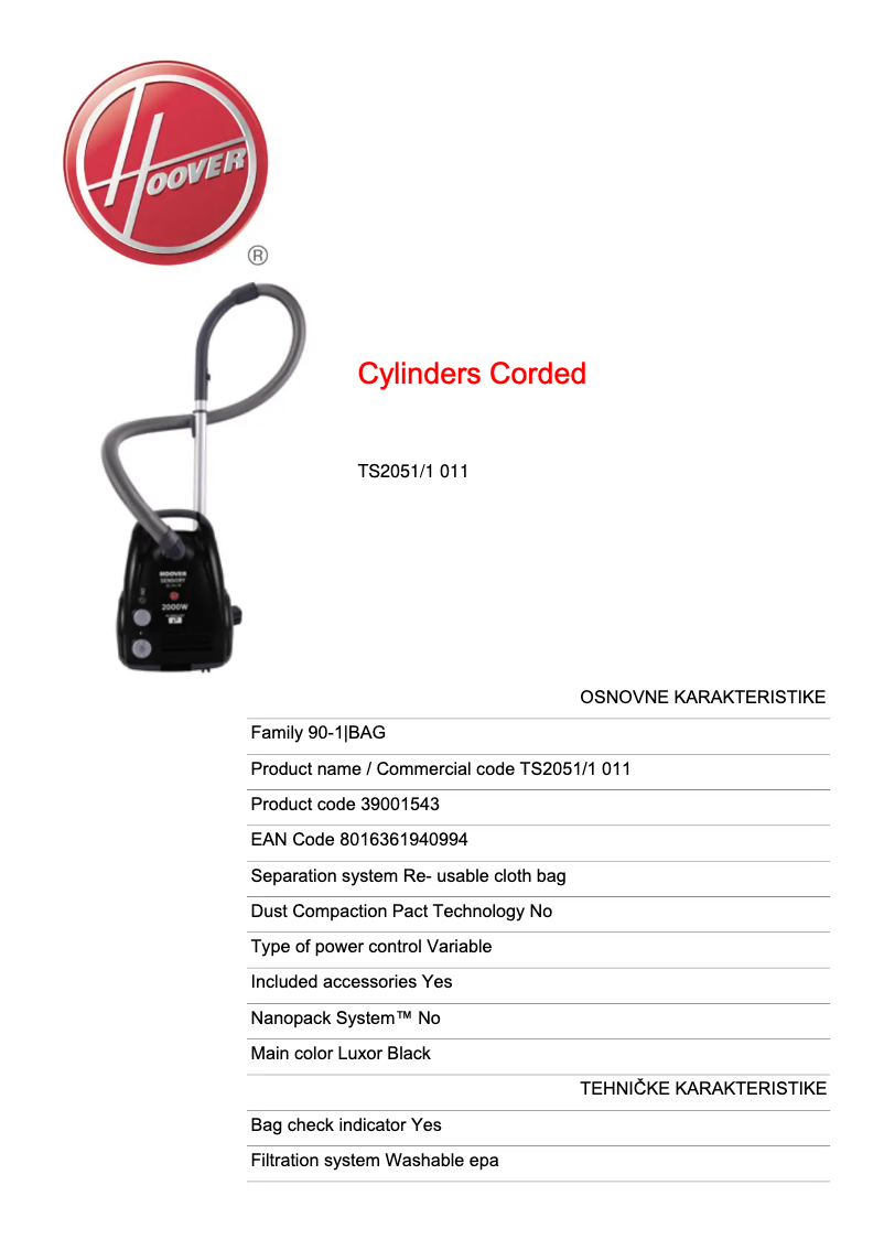 Page 1 of the manual Technical Sheet Hoover Sensory TS2051/1 011