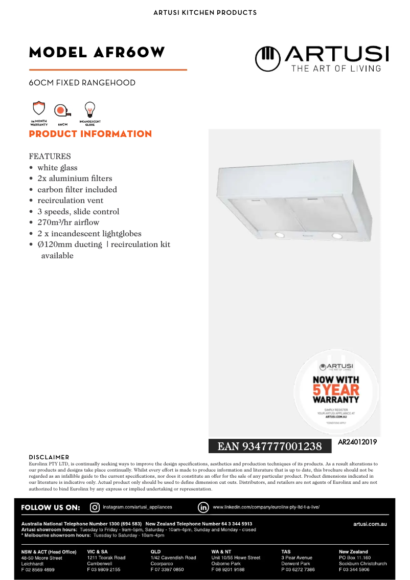 Page 1 of the manual Technical Sheet Artusi AFR60W