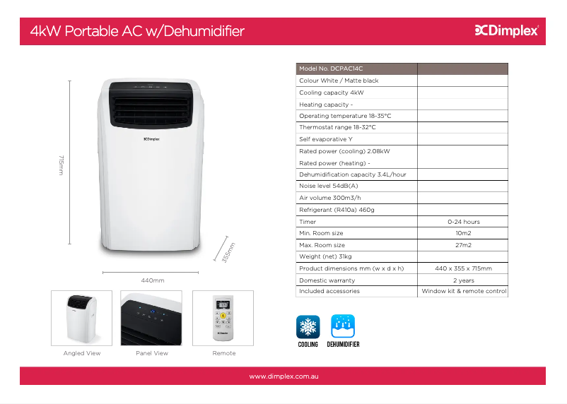 Page 1 of the manual Technical Sheet Dimplex DCPAC14C