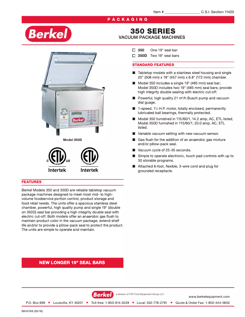 Page 1 of the manual Technical Sheet Berkel 350D