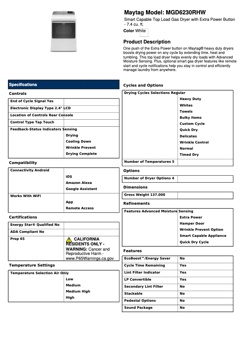 Page 1 of the manual Technical Sheet Maytag MGD6230RHW