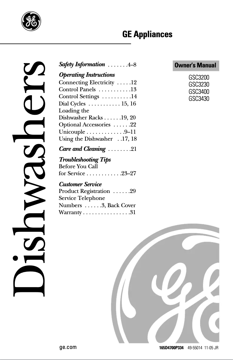 Page 1 of the manual Use and Maintenance Manual GE GSC3400JBB