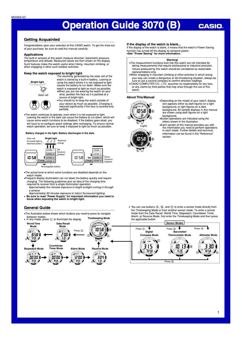 Page 1 of the manual User Manual Casio Pro Trek PRW-1300-1VER