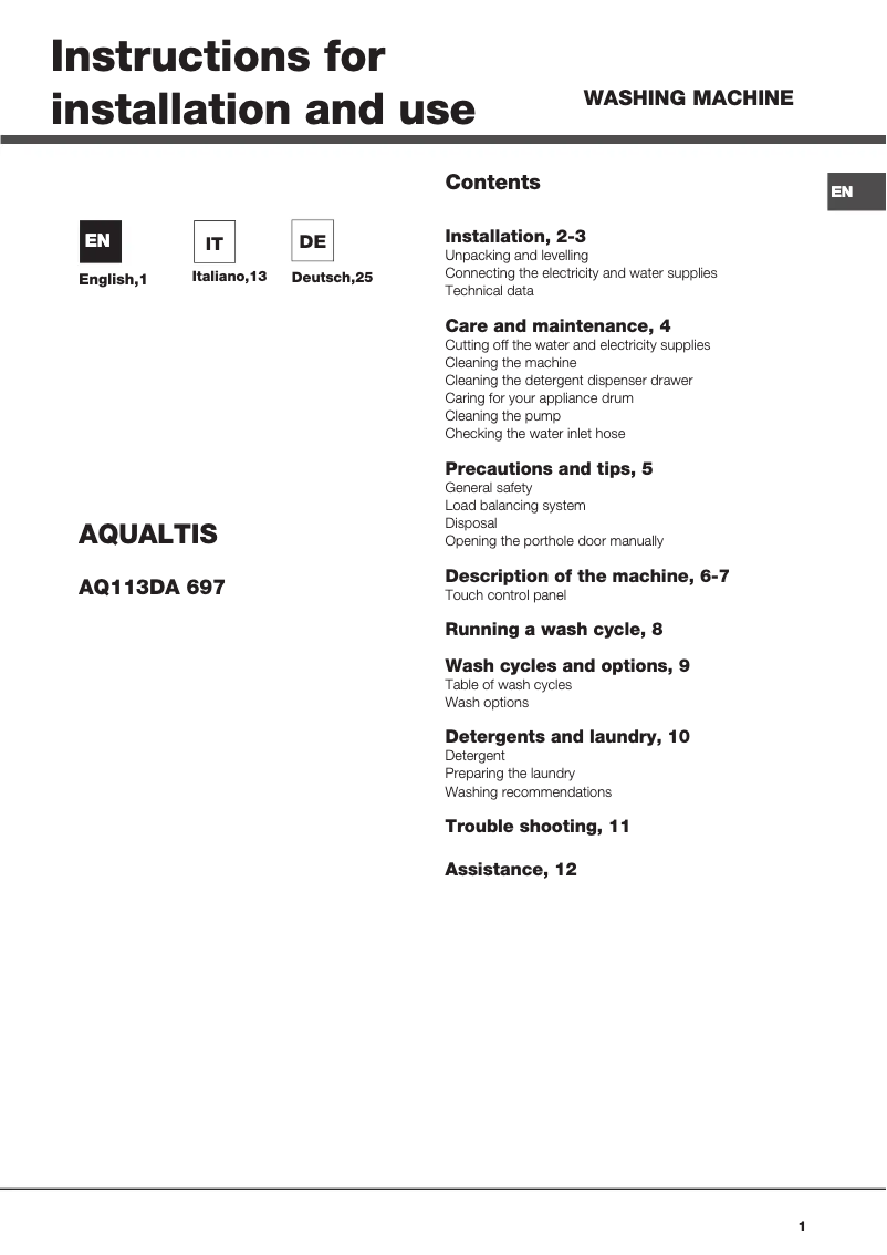 First page image of the manual for AQ113DA 697 EU/A