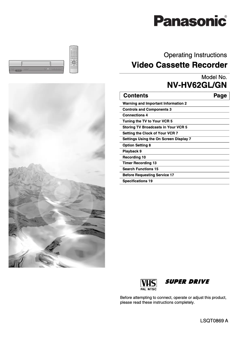 First page image of the manual for NV-HV62GL