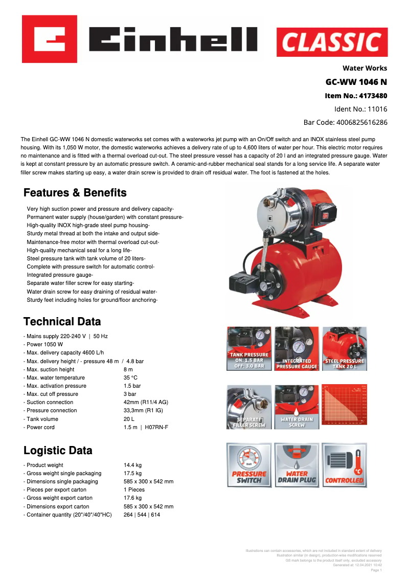 Page 1 of the manual Technical Sheet Einhell GC-WW 1046 N