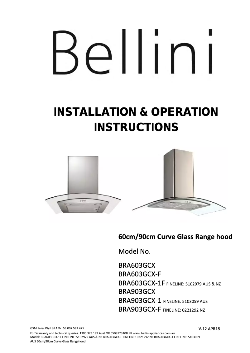 First page image of the manual for BRA603GCX