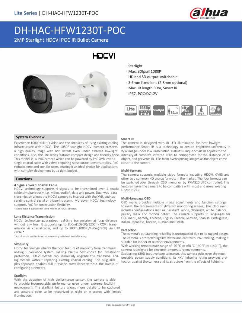 Page 1 of the manual Technical Sheet Dahua Technology HAC-HFW1230T-POC
