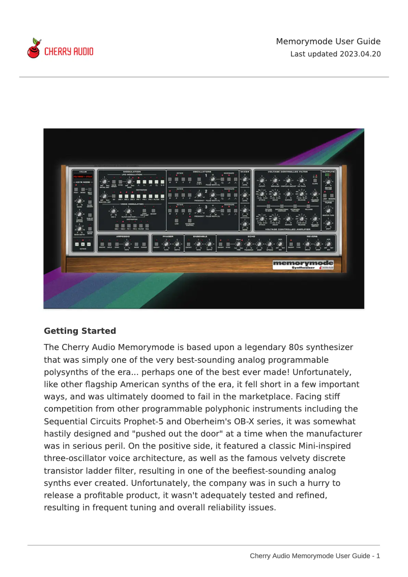 First page image of the manual for Memorymode