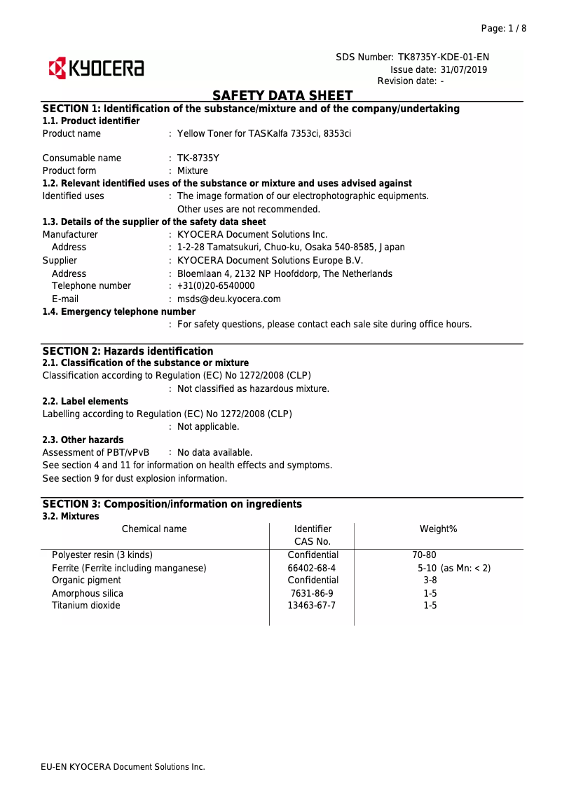 Page 1 of the manual Safety Instructions Kyocera TASKalfa 7353ci
