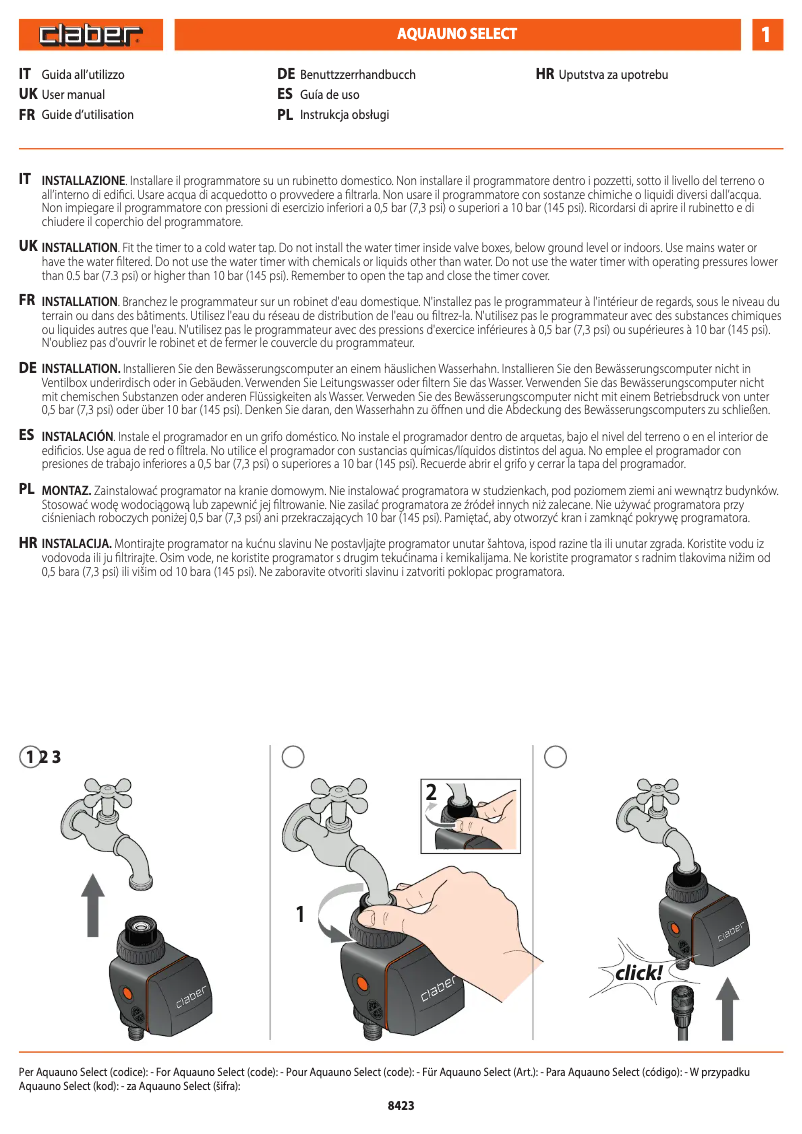 Page 1 of the manual User Manual Claber Select 8425