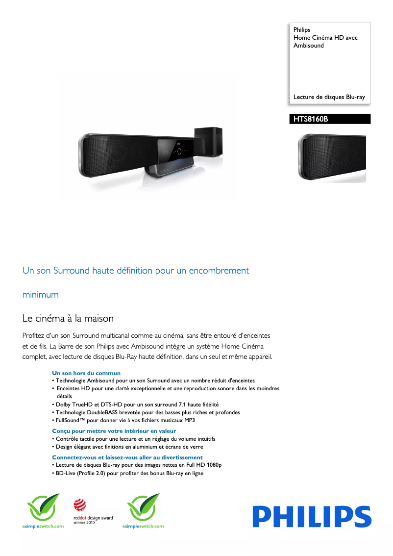 Page 1 of the manual Technical Sheet Philips HTS8160B