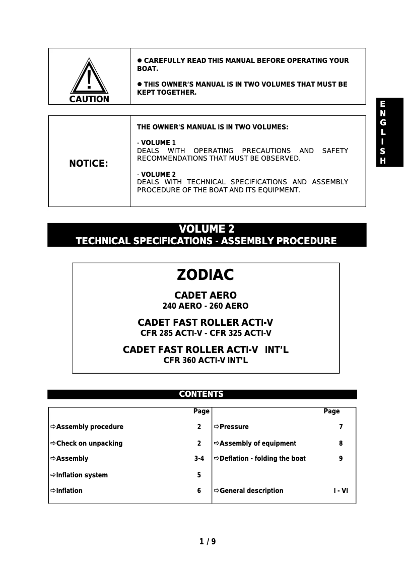 Page 1 of the manual User Manual Zodiac Cadet 285 Fast Roller Acti-V