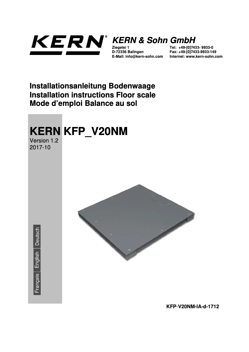 Page 1 of the manual Installation Guide Kern BFB 1T-4AM