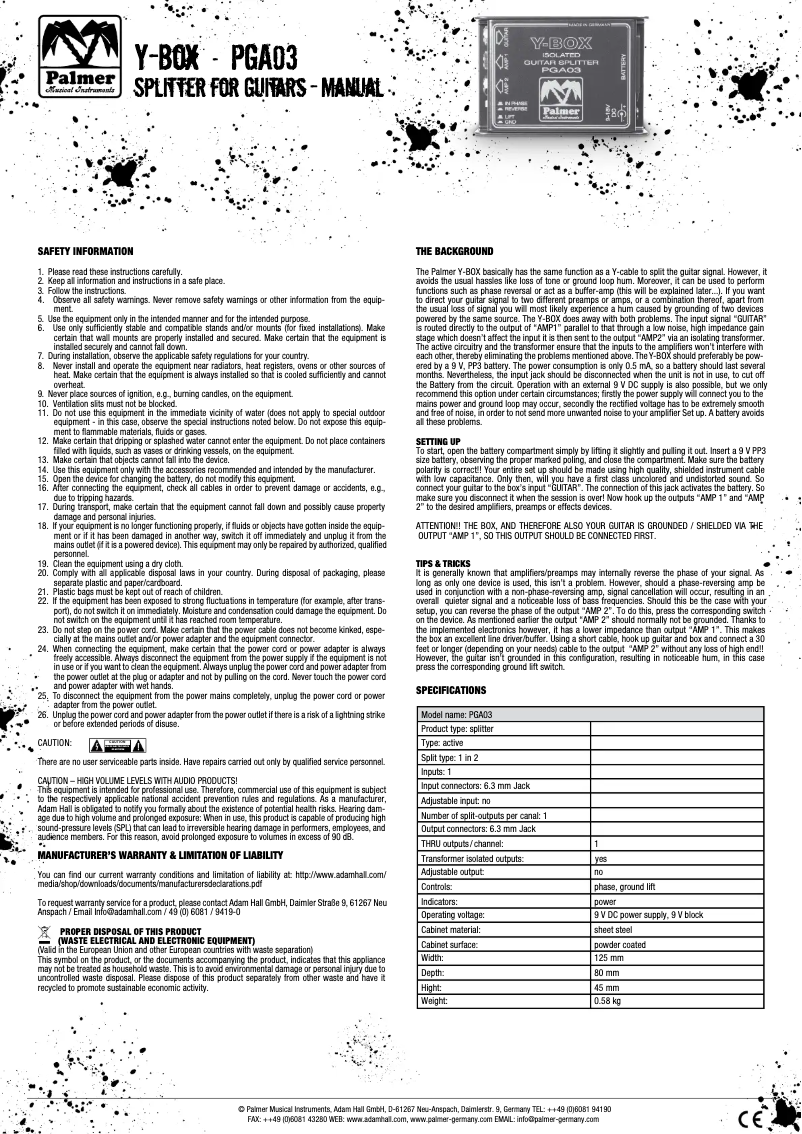 Page 1 of the manual User Manual Palmer PGA03